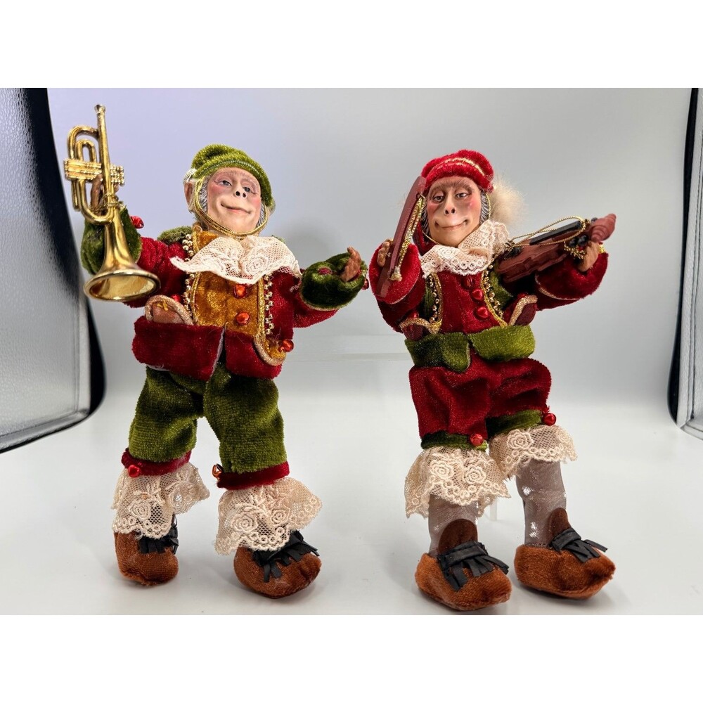 2 Whimsical Monkey Musicians Christmas Ornaments Figurines Velvet Red Green Gold